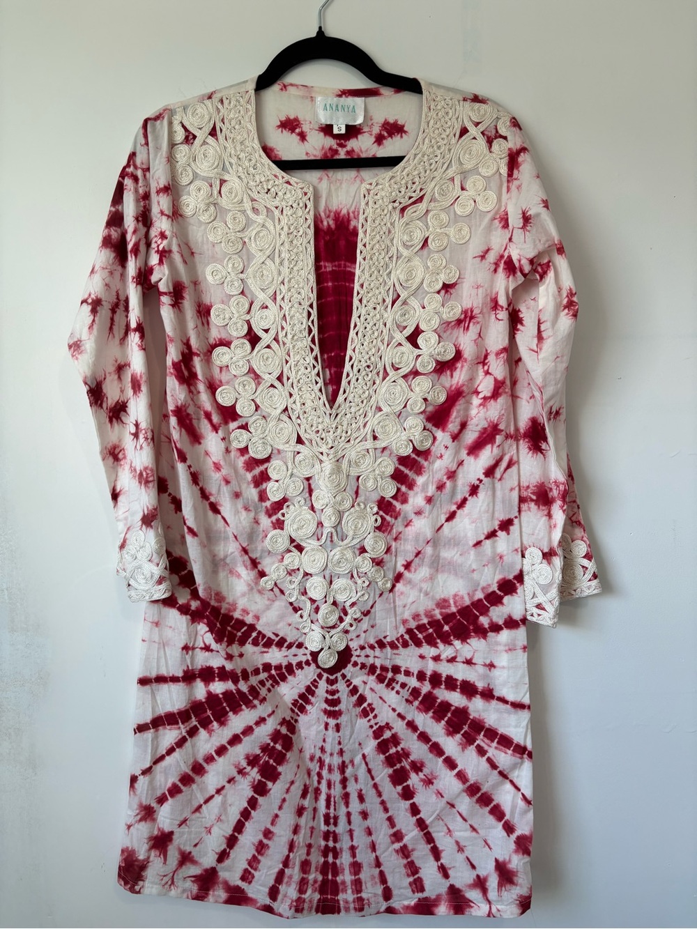 Women's Red Tie-Dye Embroidered Long Sleeve Dress